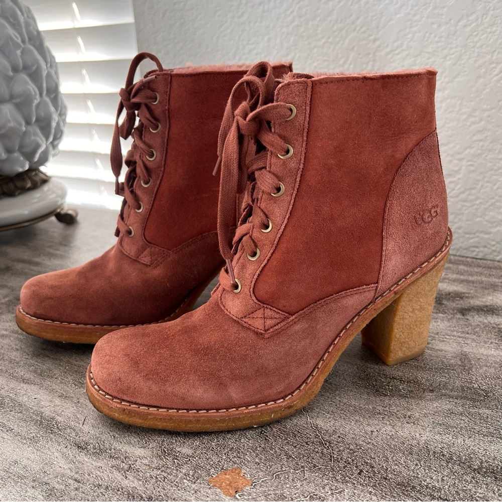 UGG Sofia Lace Up Boots Leather Suede Heeled boots in Cinnamon size 8.5